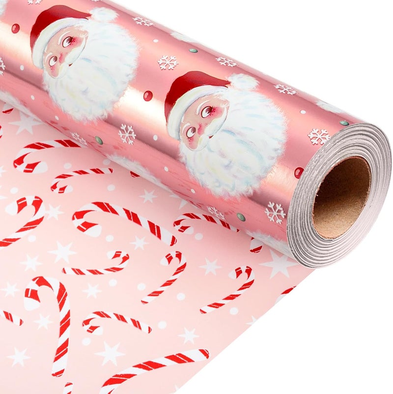 Retrify Funny Santa Claus Christmas Wrapping Paper - 17 Inch x 32.8 Feet Mini Roll - Snowflake Candy Cane Foil Pink Gift Wrap Paper for Holiday Shower Party Celebration - Image 1